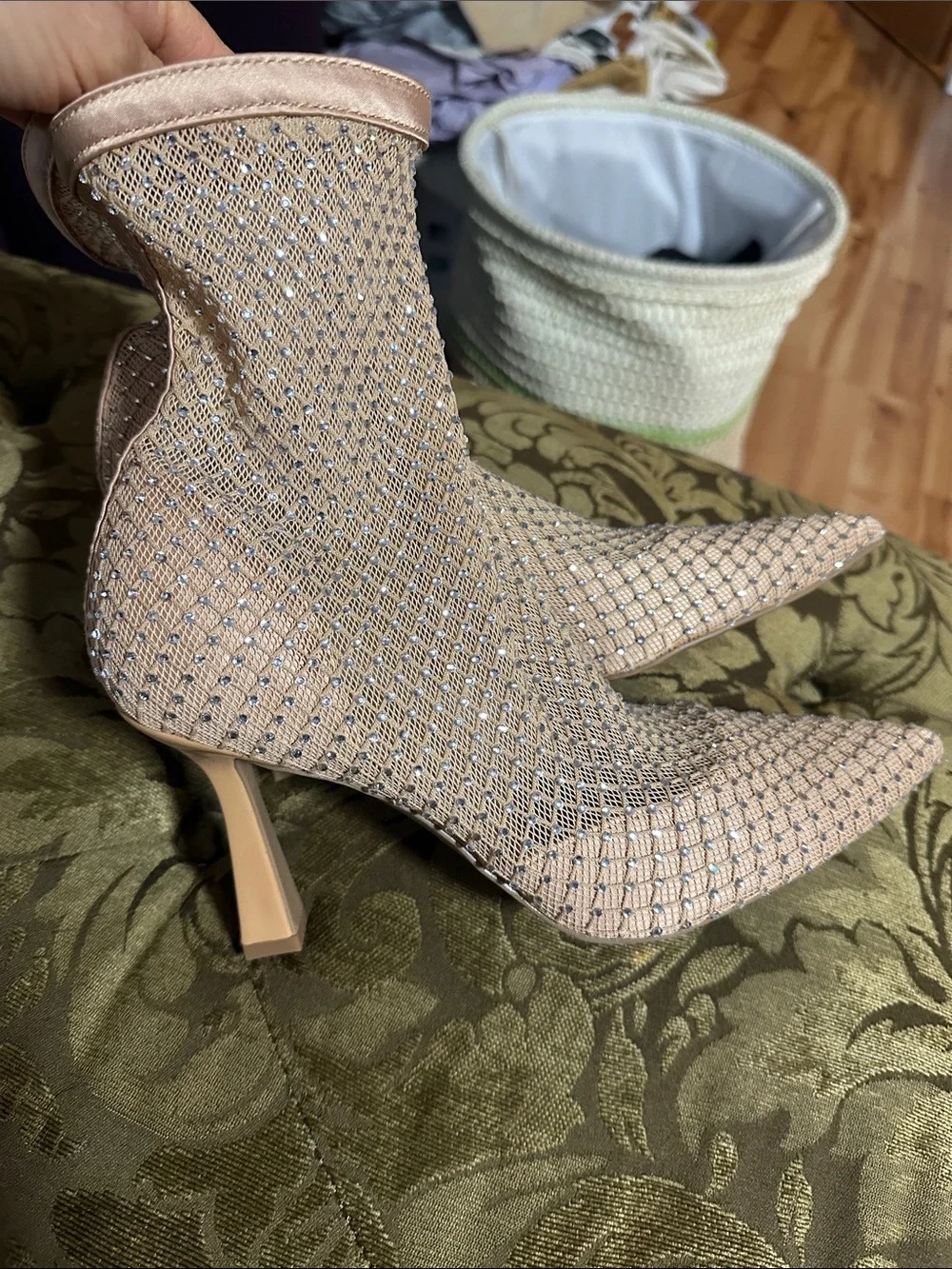 Women's Nude Mesh Ankle Booties with Embellished Rhinestones new no tags